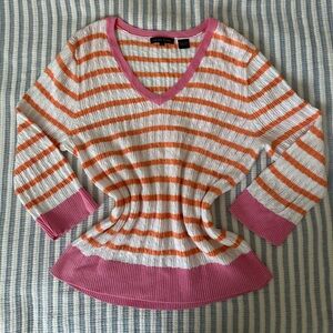 JEANNE PIERRE Pink and Orange Striped V-Neck Sweater